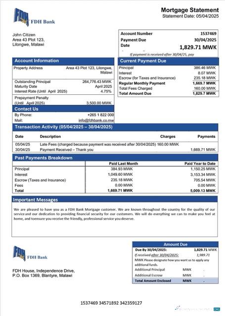 Download Malawi FDH Bank mortgage statement Word and PDF template Photoshop template